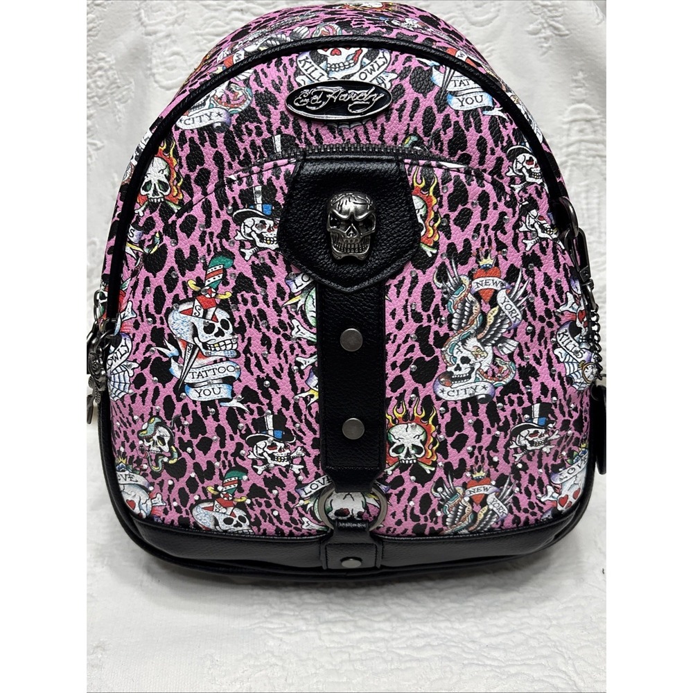 Ed Hardy Adjustable Pink Leopard Print Traditional Skulls Backpack Purse NWT